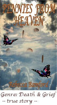 Pennies From Heaven Book:
Rebecca says, On July 5, 1999, my life changed forever. 
Both my nine year old daughter and my husband were killed 
in a car accident. I arrived at the police station with my 
mother. I passed by the glass window and saw in my eyes a reflection of fear so great I did not recognize myself. 
One death was unbearable, but two were imcomprehensible. My story is about surviving the unthinkable, celebrating 
a little girl's life, and learning how to live again.